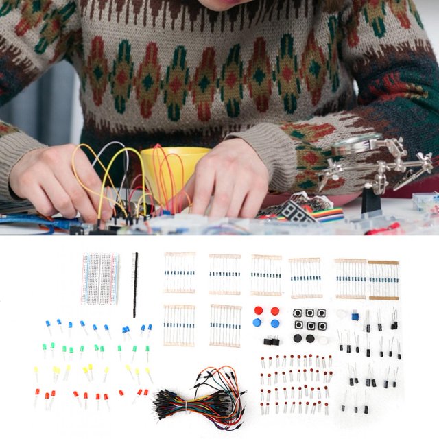 Starter Electronic Component Kit with Resistors (1KΩ-100KΩ), Ceramic Capacitors (2.2pf-470uf), 50 Red LEDs, RGB LED Resistors, Active/Passive Buzzers, Switches, Potentiometer, 400-Point Breadboard &