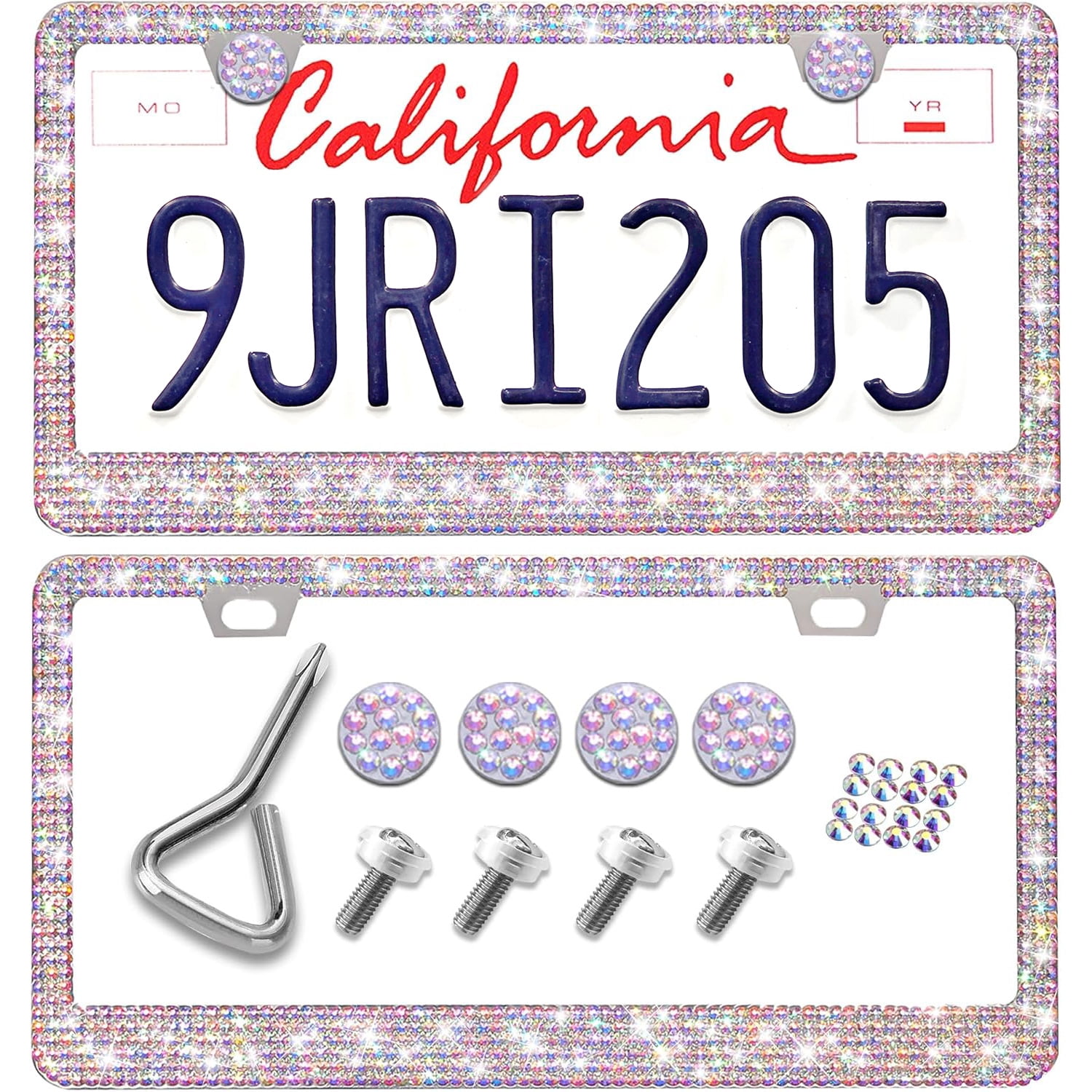 Bling License Plate Frame, 2 Pack Rhinestone License Plate Frames Holder Cover for Women (Colorful)