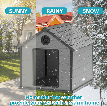 fazzn Large Dog House Outdoor, Insulated Waterproof Resin Dog Kennel with Elevated Floor, All-Weather Dog Shelter for Medium Large Dogs, Easy Assembly.Black-gray,Father's Day Gift