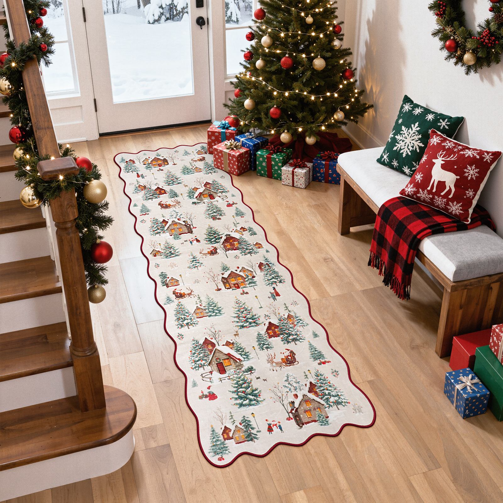 Wonnitar Christmas Runner Rugs, 2x6 Beige Kitchen Rug Washable Non Slip, Soft Ultra-Thin Christmas Tree Santa Claus Holiday Decor Runner Carpet for Hallway Bathroom Bedside