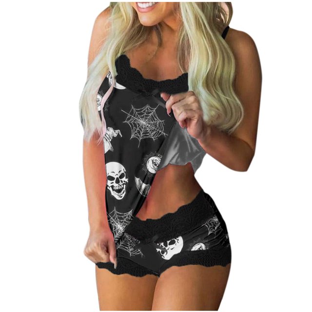 Mujeres Sexy Impresión Encaje Sling Sin mangas Tank Tops Empalme Pantalones cortos Conjunto casual Wmkox8yi bvn3891