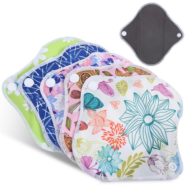 Dioche Compresas Menstruales Lavables, 5 Plas de Tela de Fibra de Carbón de Bambú, Compresas Sanitarias absorbentes para Mujeres, Con Diseño A Presió