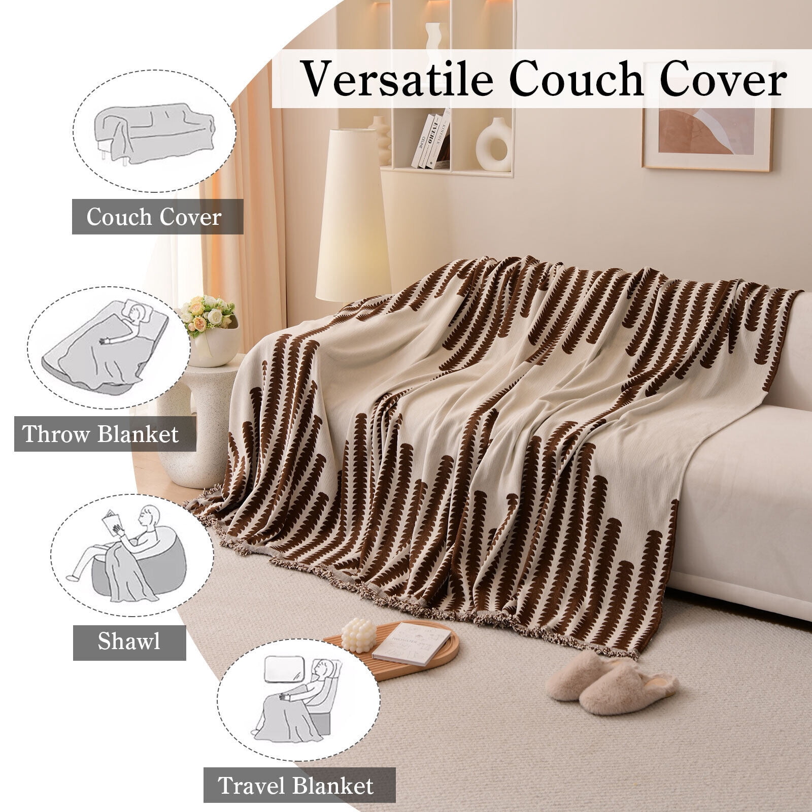 Eurhowing Boho Couch Cover for 2-3 Cushion Couch, Chenille Sofa Cover Blanket with a Pillowcase, Anti-Slip Tassel Sofa Slipcover for Pet, (71'' x 118'', Coffee)