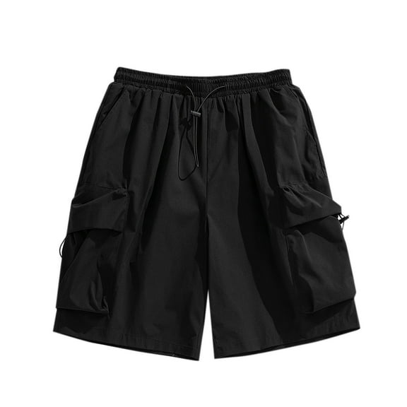 MIUOWANP Men's Loose Fit Sport Shorts with Multiple Pocket Solid Color Drawstring Elastic Waist Casual Half Shorts Size L(6)Black