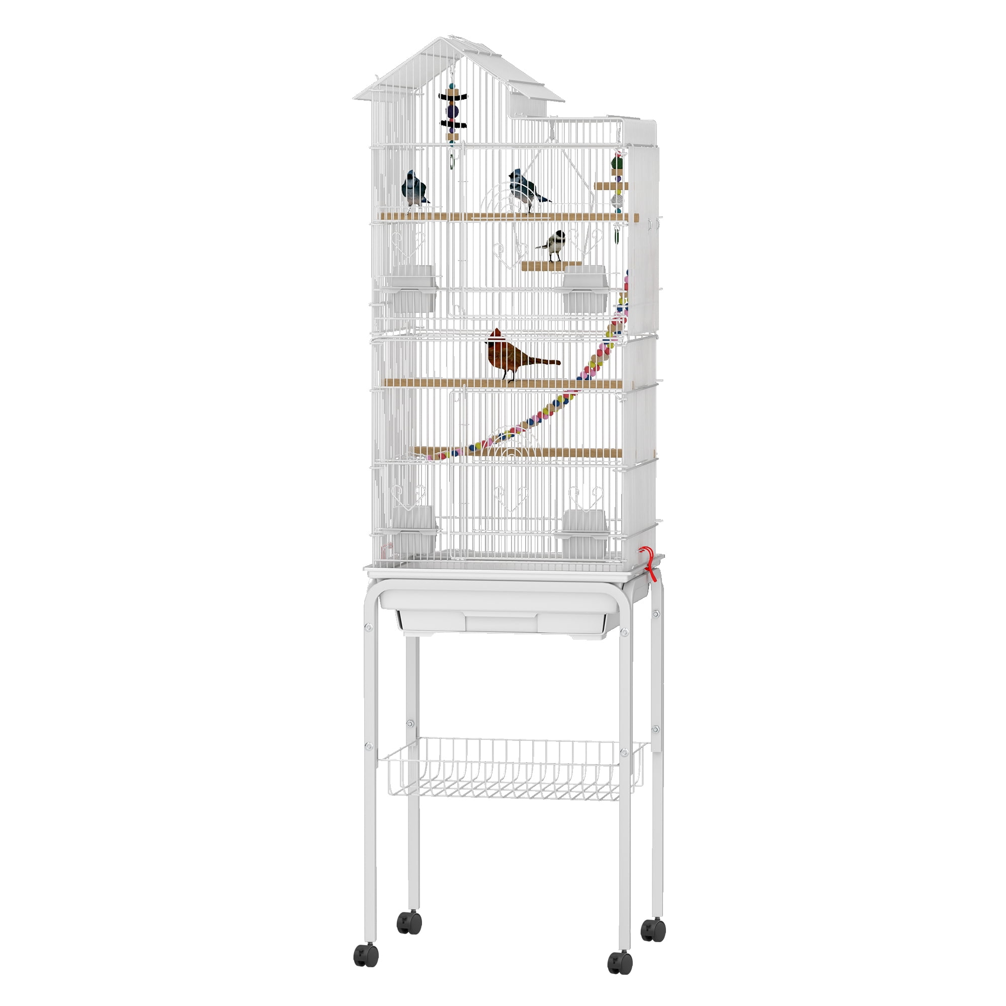 Uforic 62" Rolling Metal Birdcage with Rolling Stand and Castor Wheels and 3 Perches and 4 Feeders, Slide-Out Tray, White