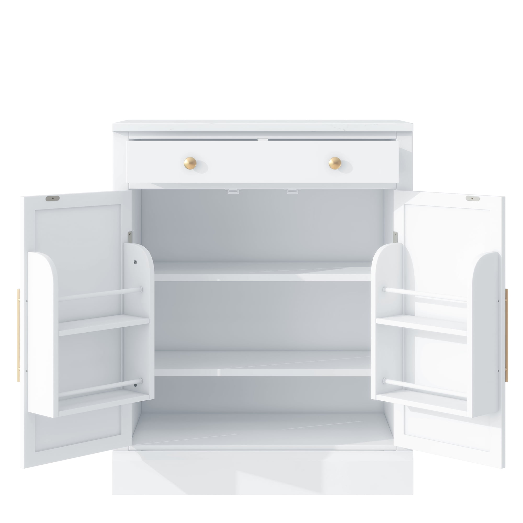 Leumius Modern Freestanding Kitchen Pantry Cabinet with Drawer, 2 Adjustable Shelves, 2 Door Shelves, Faux Marble Top, Coffee Bar Storage, White