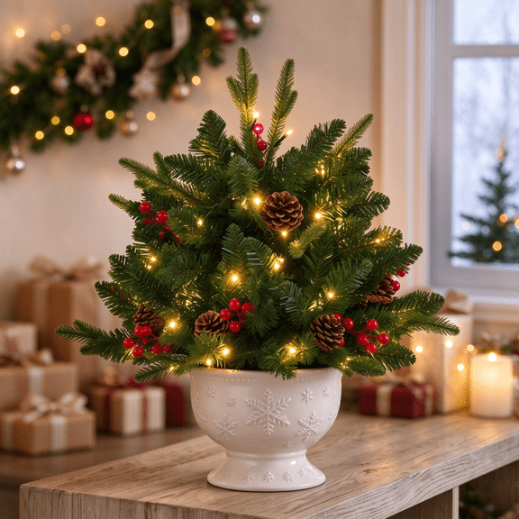 SHOUFTW Pre-Lit Artificial Christmas Urn Filler with Pine Cones, 1-Pack 50 Warm LED Lights, Indoor Outdoor Porch Holiday Planter Decor