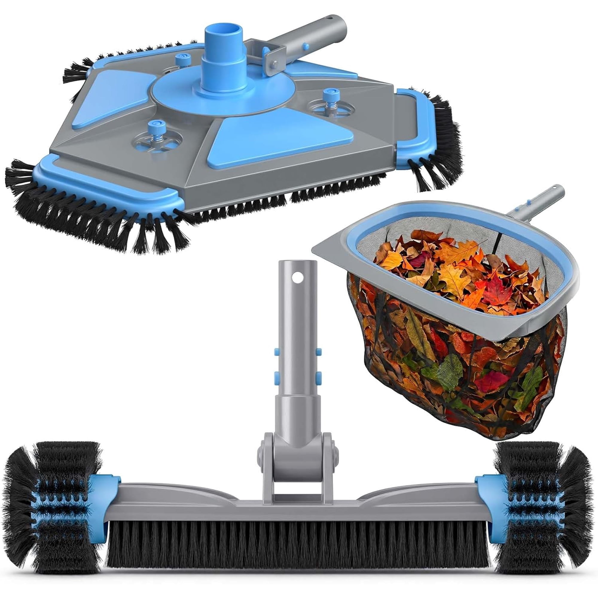 3-in-1 Deluxe Swimming Pool Cleaning Kit - Includes Upgrade Heavy Duty Triangular Pool Vacuum Head Detachable Brush Deep Leaf Skimmer Net Inground & Above Ground Pools Cleaning(No Pole)