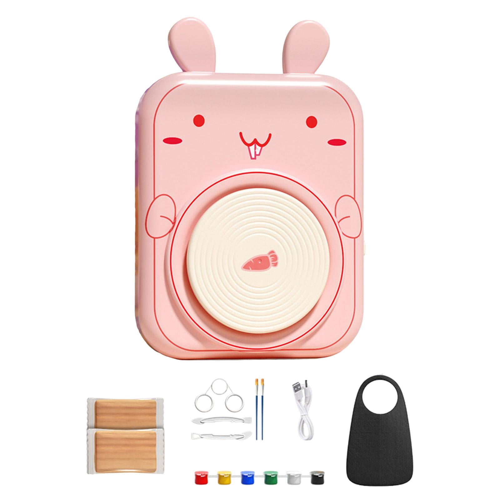 S SERENABLE Kids Pottery Wheel Modeling Painting Kit Handmade Creative Adjustable Speed Equipment Electric Sculpting Tools for Countertop Bunny Shaped