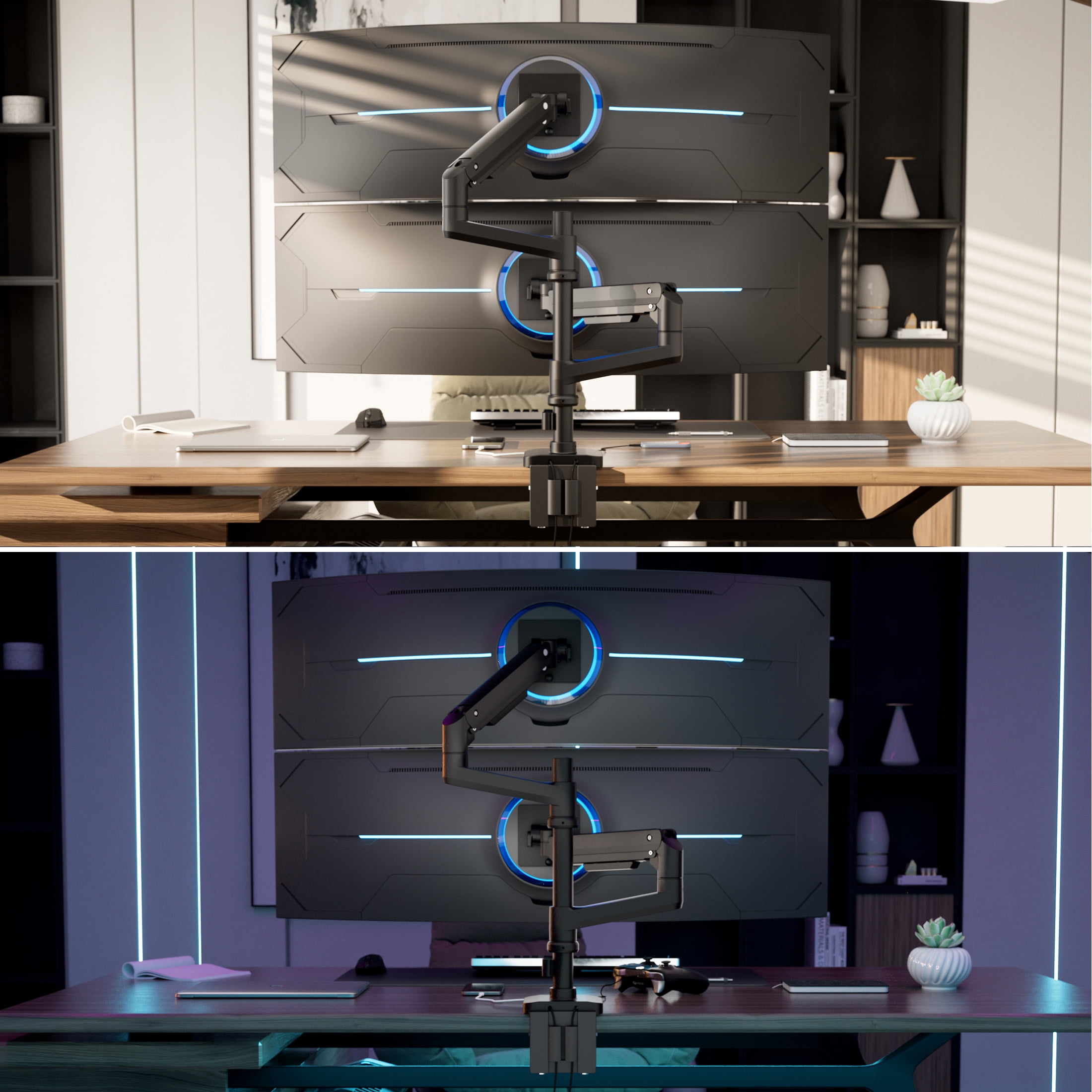 Heavy-Duty Dual Stacking Monitor Mount with Pole & Gas Spring Arms