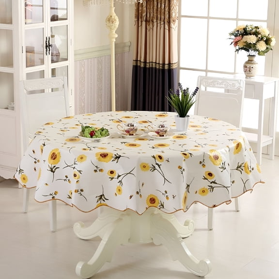 AUQ 60 Inch Round Waterproof Tablecloth, Wipeable PEVA Dining Table Cover with Sunflower Pattern, Oil Resistant Protector for Kitchen, Party, and Picnic