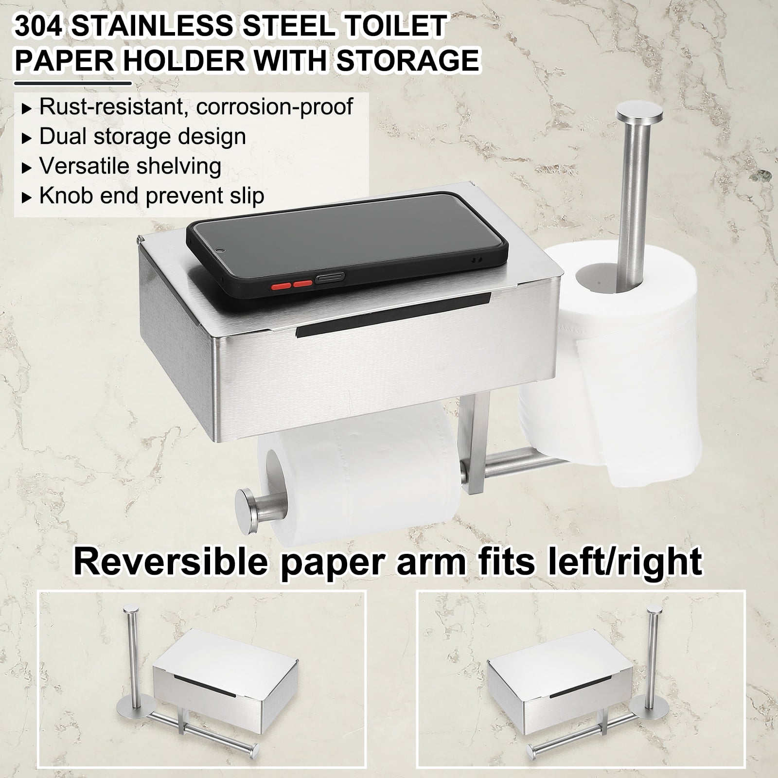 Uxcell Toilet Paper Holder with Storage, 304 Stainless Steel Toilet Paper Holder for 2 Rolls, Wipes Dispenser for Bathroom Organizer, Adhesive or Wall Mount (Bright Silver)