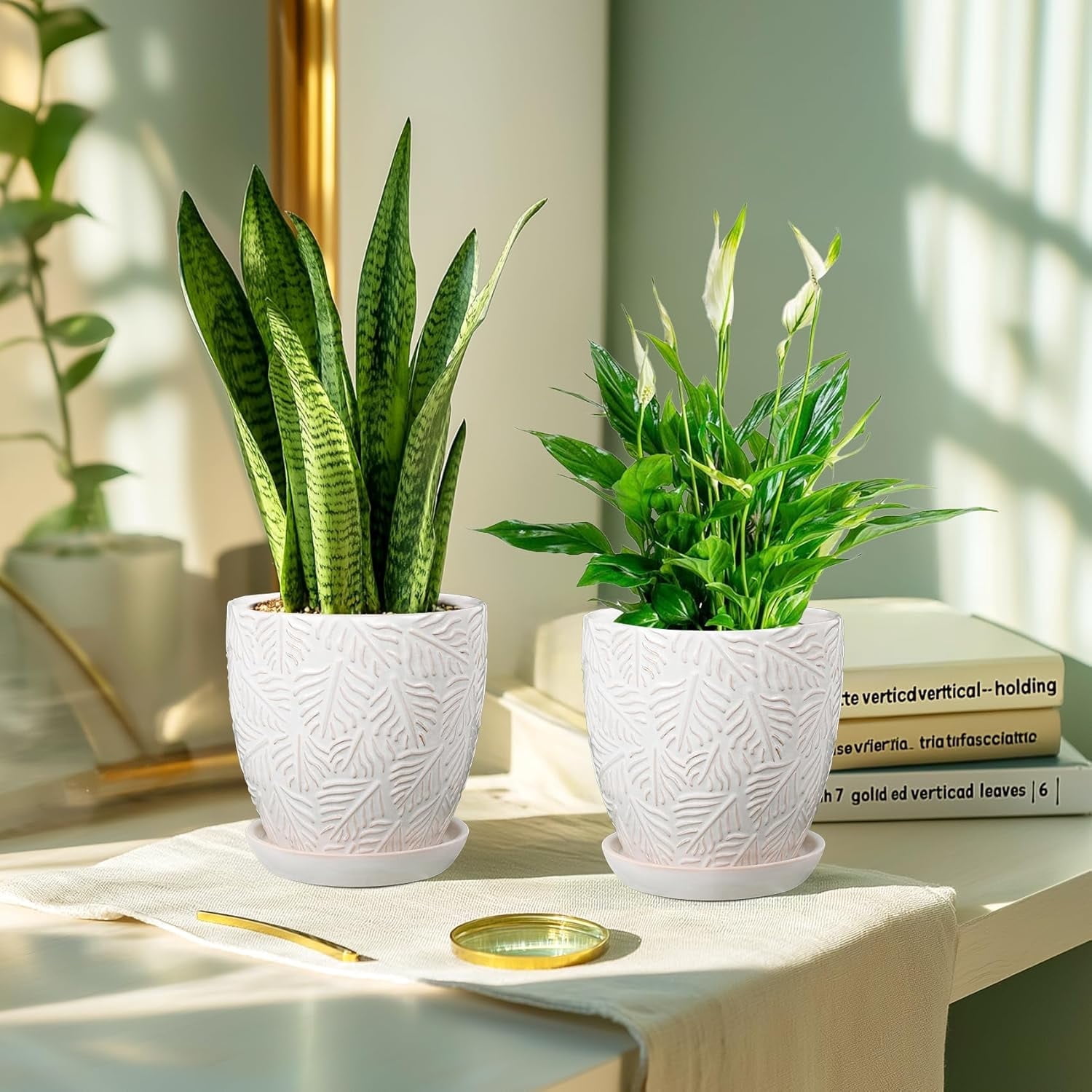 BUYMAX ceramic plant pots, 6 inch plant pots with drainage hole and saucer, indoor/outdoor flower pots, set of 2, leaf embossed - white glaze