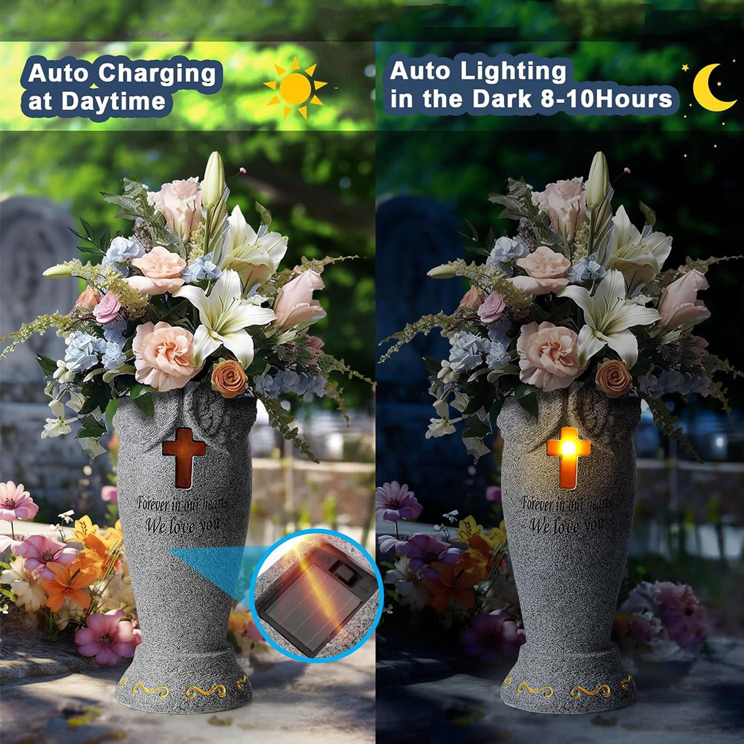 Fridja Cemetery Grave Flower Vase with Cross Solar Light