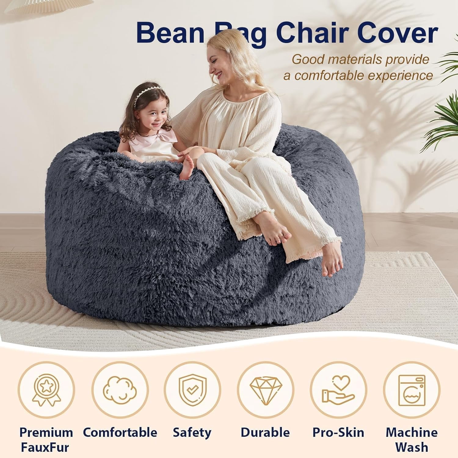 RAINBEAN Large Bean Bag Chair Cover, Plush Bean Bags Chairs Cover Only Without Filler Included, Beanbag Chairs for Adults, Teens, Kids, Dark Gray 5FT
