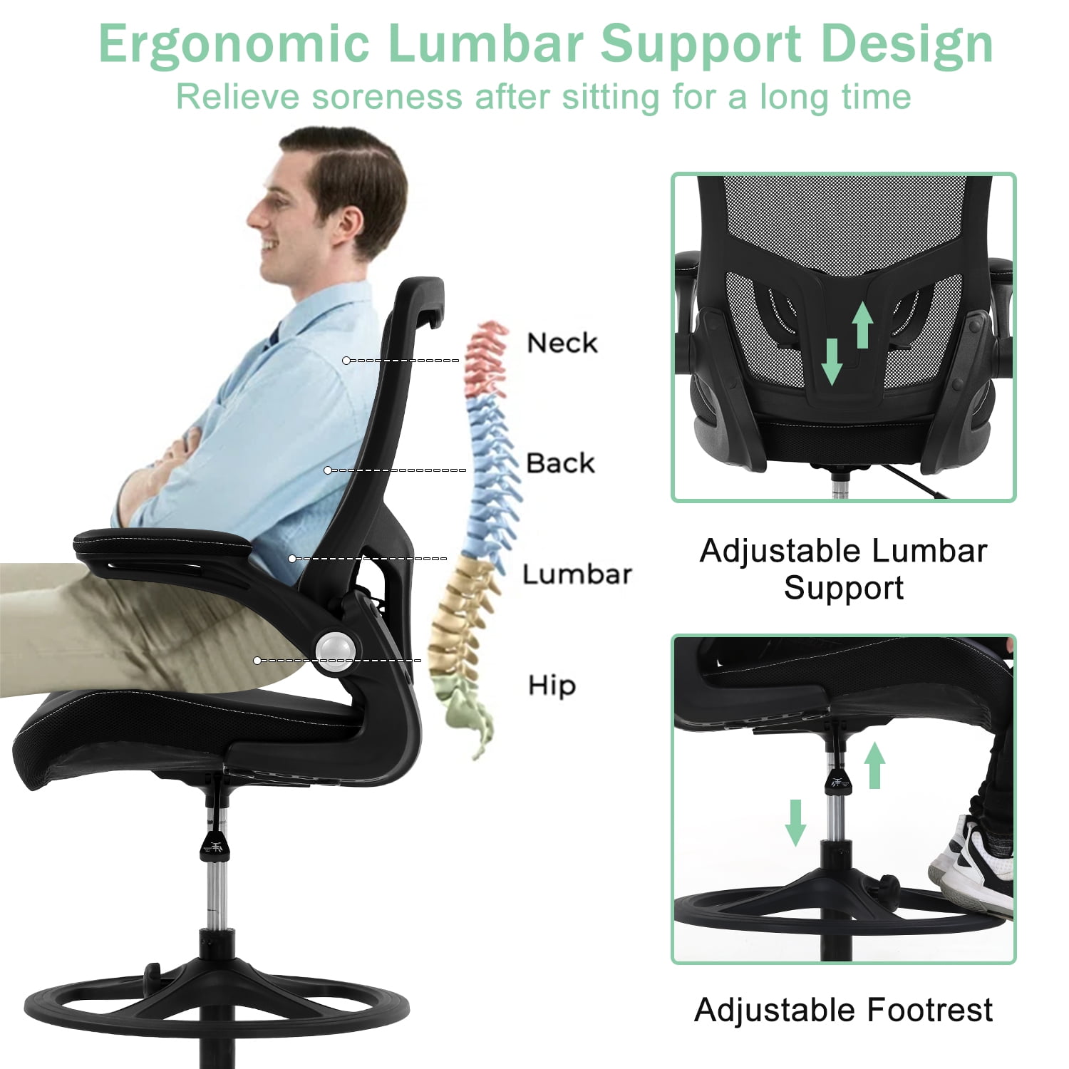 NiamVelo Drafting Chair  Tall Office Chair with Lumbar Support Footrest Ring Flip up Arms for Standing Desk, Swivel Rolling Mesh Chair Height Adjustable  Desk  Chair, Black