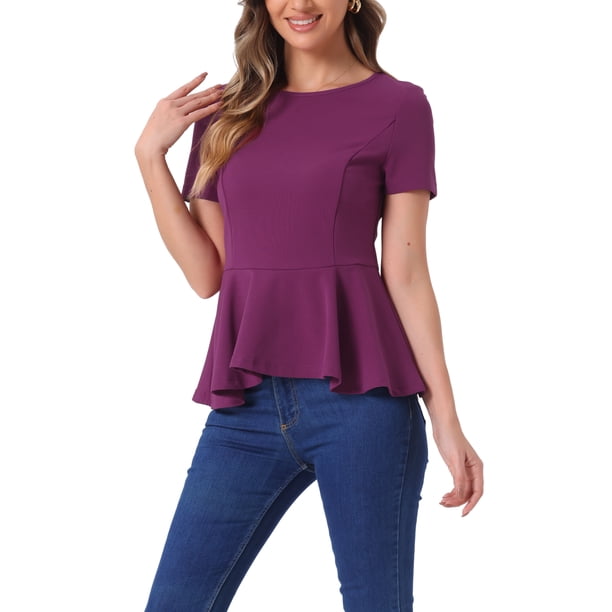 INSPIRAR CHIC Blusa de Peplum para Mujer de Manga Corta Cuello Redondo Primavera Verano Stretch S Púrpura