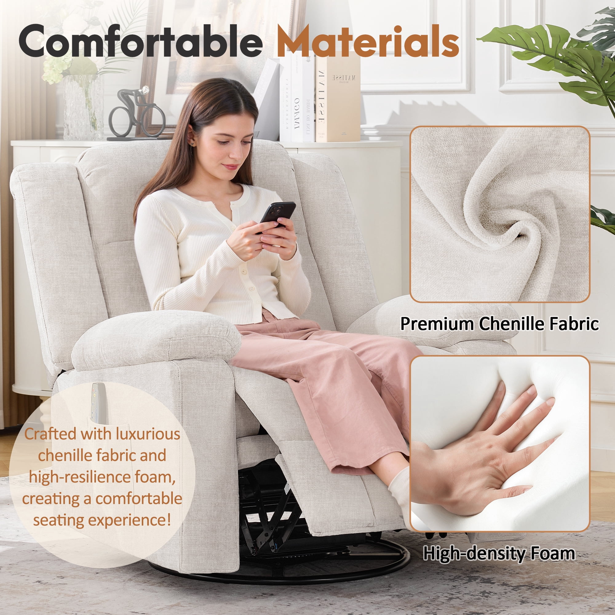 Korser 360°Swivel Rocker Recliner with Massage and Heating,Rocker Recliner Chair for Adults with Side Pockets Nursery Glider Recliner for Living Room,Chenille,Beige
