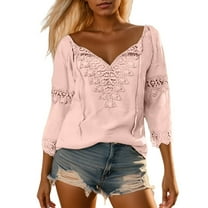 Summer Tops for Women Lace Patchwork 3/4 Sleeved V-Neck T Shirts Basic Casual Loose Fit Going Out Workout Blouses Outfits