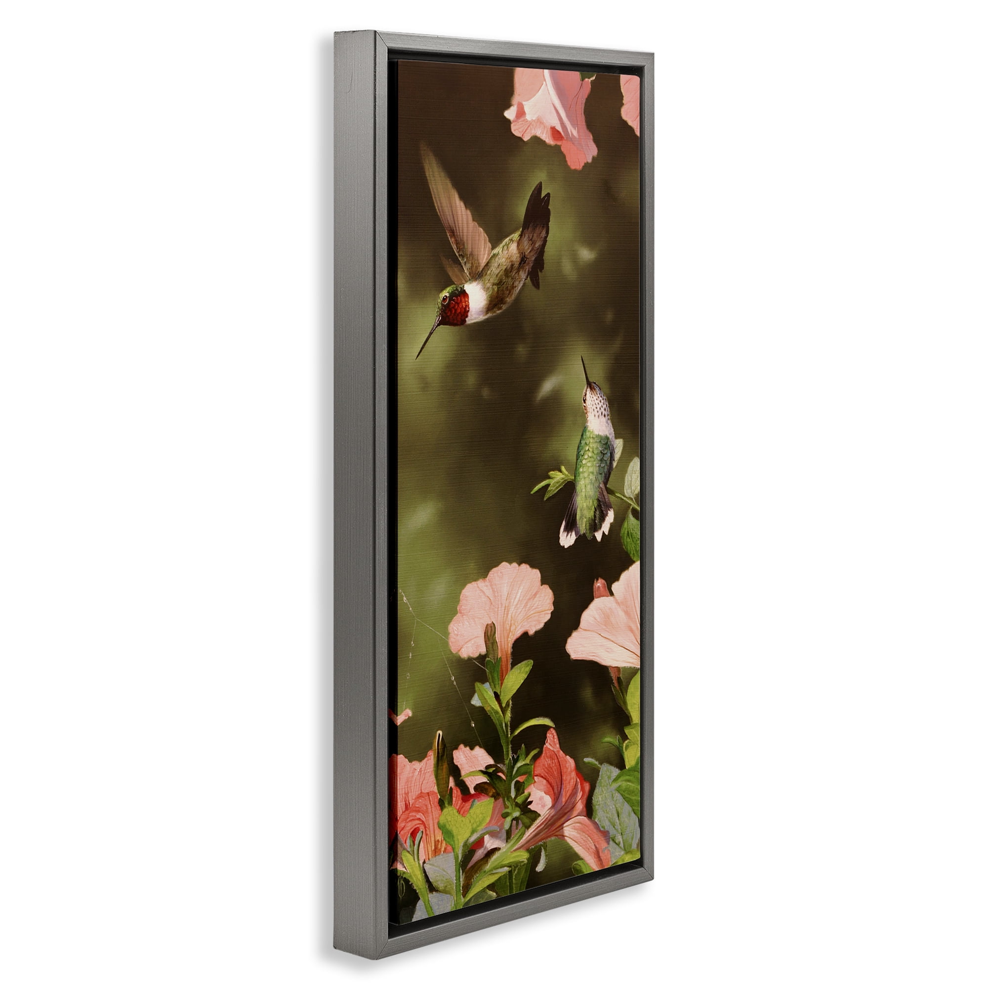 Stupell Industries Two Fluttering Hummingbirds Animals Photography Gray Floater Framed Canvas Art Print Wall Art, 14 x 31