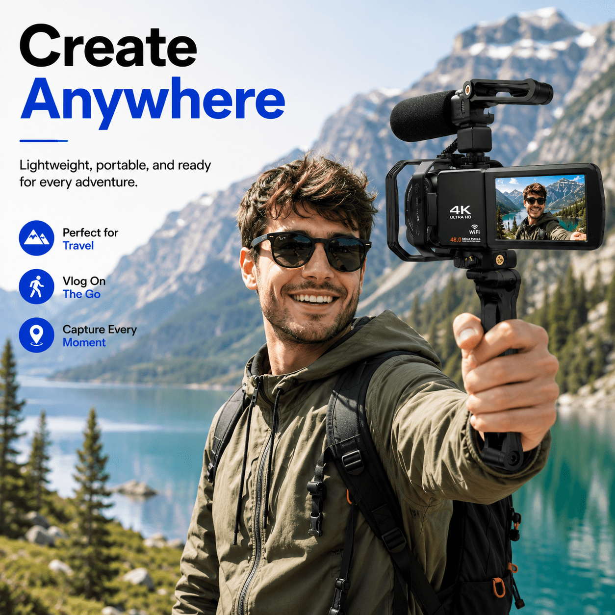 Acuvar 4K Video Camera Camcorder 48MP Auto Focus Vlogging Camera for YouTube 60FPS 18X Zoom Digital Camera WiFi, Mic, Stabilizer, 2 64GB SD Cards, 50" Tripod, Case, Dual Charger, Card Reader, Remote