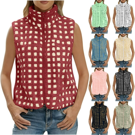 Aboser Womens Plaid Fleece Vests Fuzzy Stand Collar Jackets Thermal Sleeveless Jackets Trendy Checked Vests Loose Zip Up Jacket Coat Outerwear