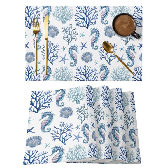 Seahorse Coral Starfish Placemats Set of 6, Coastal Boho Nautical Blue White Marine Life Non-Slip Place Mats Washable Table Mats for Kitchen Dining Table Decorations Indoor/Outdoor