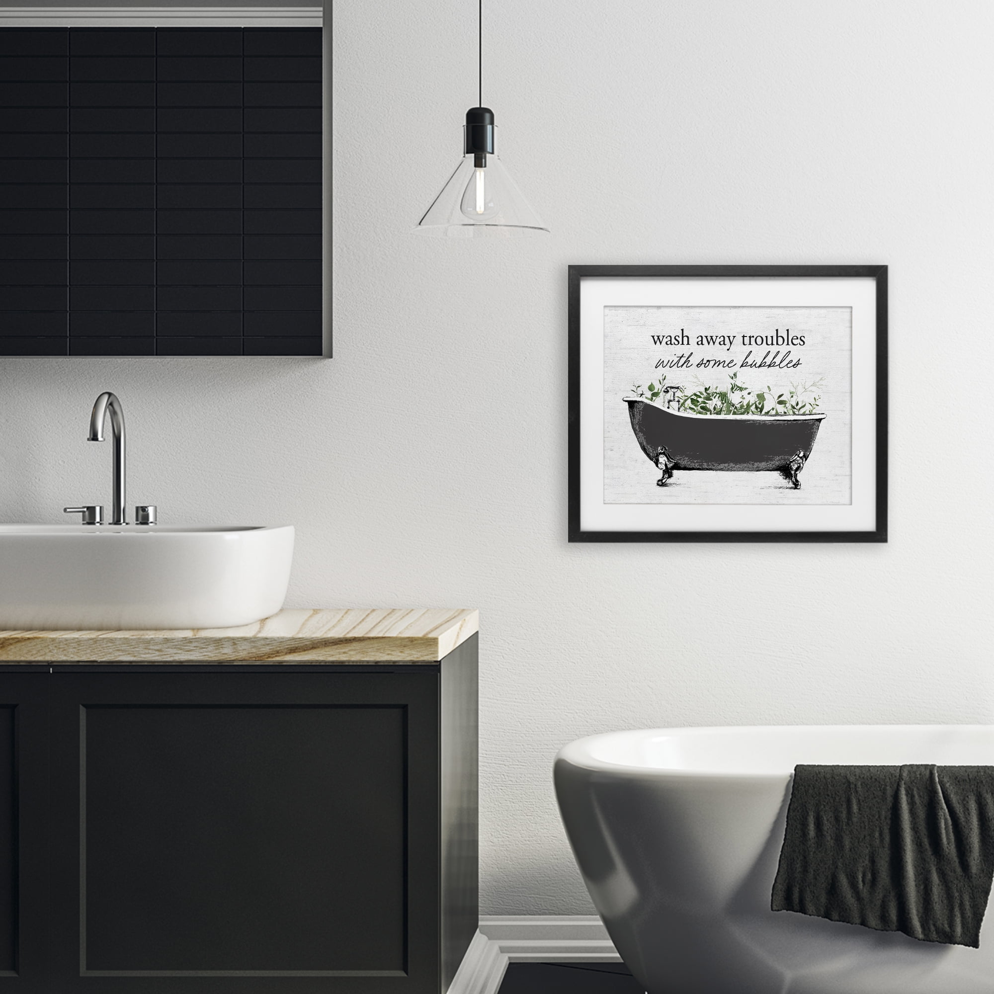 Comforting Bubble Bath Quote Black Framed Print Under Glass, design by Lettered and Lined
