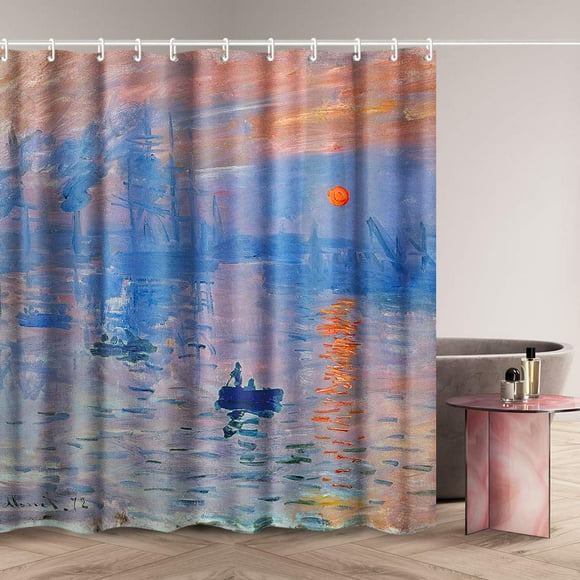 INVIN ART Bathroom Shower Curtain Set with Hooks,Impression Sunrise by Claude Monet,Home Art Paintings Pictures for Bathroom