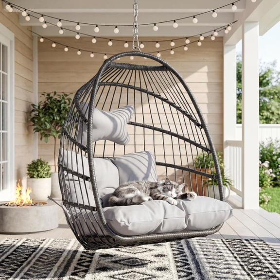 Hanging Egg Swing Chair Without Stand, 350 LBS Weight Capacity Foldable PE Rattan Hammock Chair with Cushion & Pillow, Indoor Outdoor Ceiling Mount Wicker Egg Chair for Patio Garden Bedroom Porch