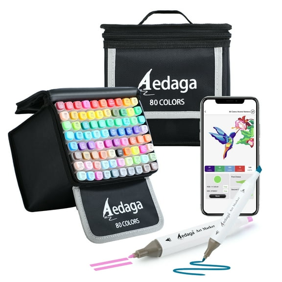 AEDAGA 80 Colors Alcohol Markers with Free App, Dual Tip Art Markers with Kickstand Case for Artists Adults and Kids. Alcohol Based Markers for Coloring Painting Sketching and Drawing, Great Gift.
