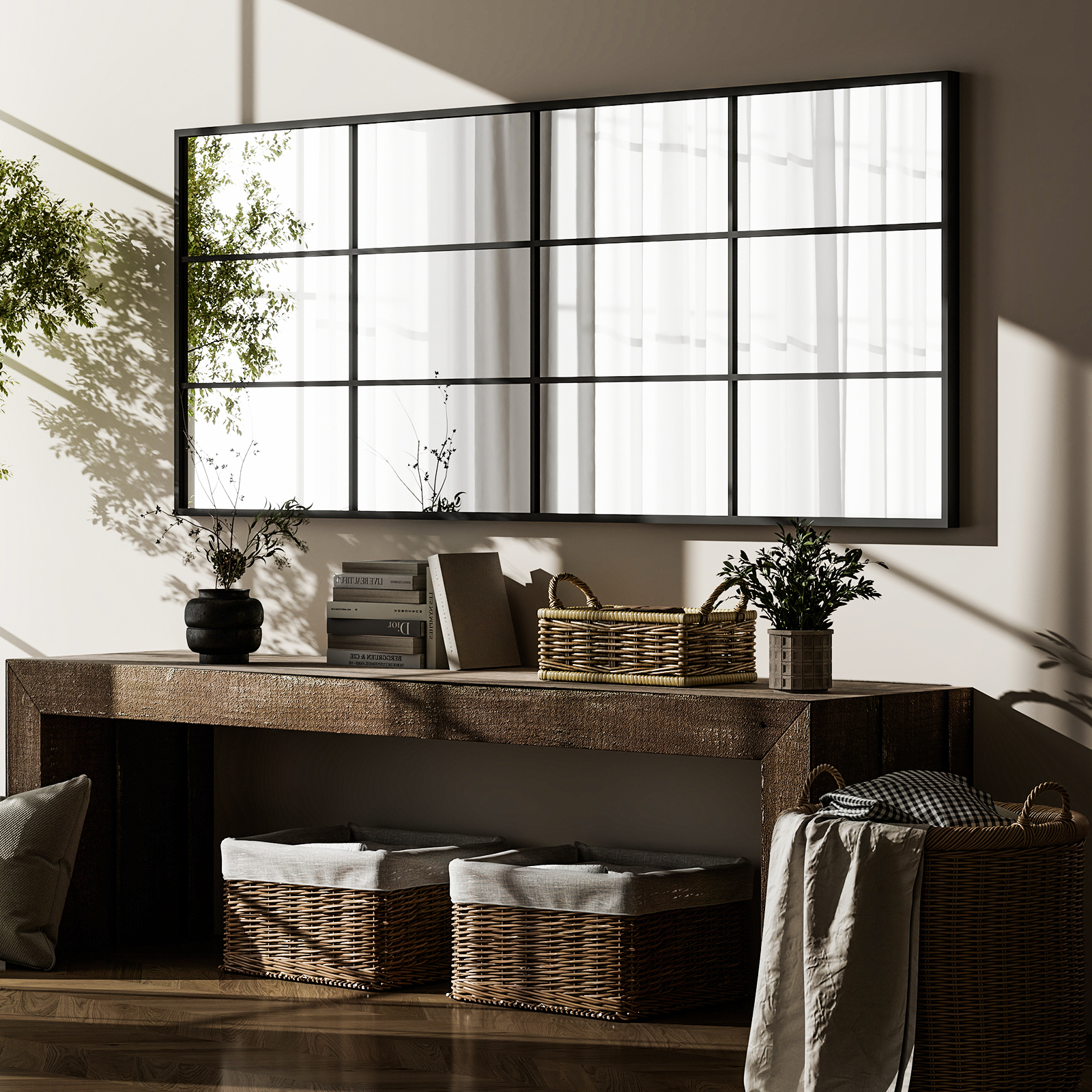 Easy4Home 24"x65" Rectangular Full Length Windowpane Mirror Decorative Floor Mirror Wall-Mounted, Black