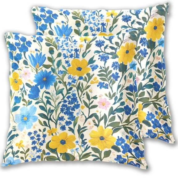 Yellow with Blue Flower Throw Pillow Covers 20x20 Inch 2 Packs Decorative Square for Living Room Couch Bed Sofa
