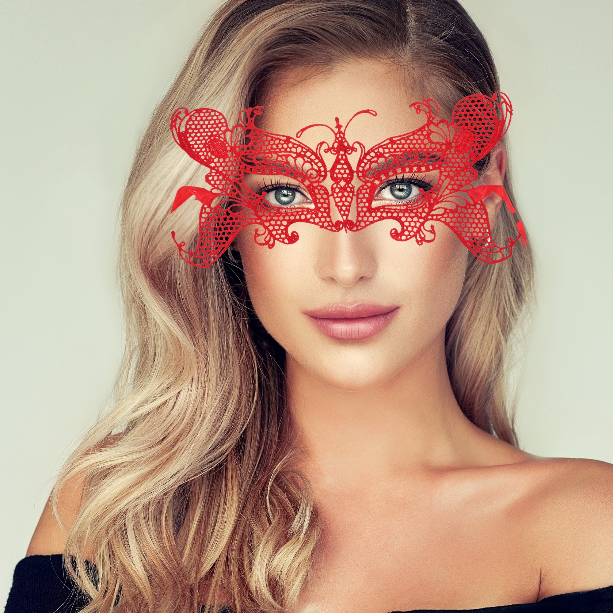 Unique Bargains Elegant Lace Half Face Party Mask for Halloween Red Pattern 2