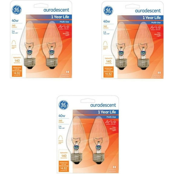 G E Lighting 75343 Flame Shape Auradescent Bulb, 40W, 6-Pack