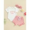 thumbnail image 2 of CIYCuIT Baby Girls Summer 3Pcs Outfits Short Sleeve Letter Print Romper Tops + Elastic Waist Shorts + Headband 3M 6M 12M 18M Newborn Infant Cute Short Pants Sets, 2 of 9