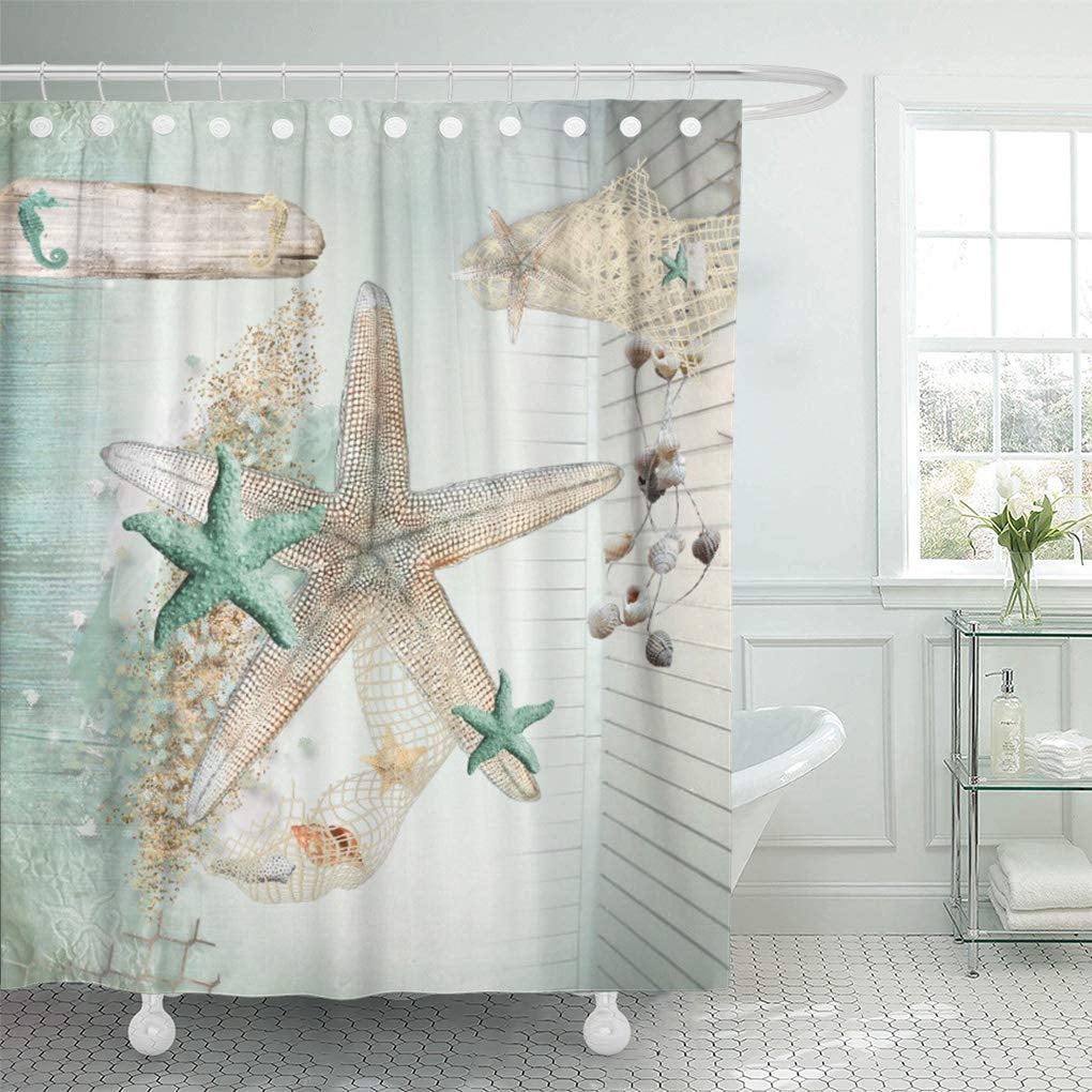 Alishomtll Beach Shower Curtain Starfish Sand Bath Curtain Digital Print with 12 Hooks Polyester Fabric Bathroom Decor beige Waterproof 69 x 70 inches 175x178cm