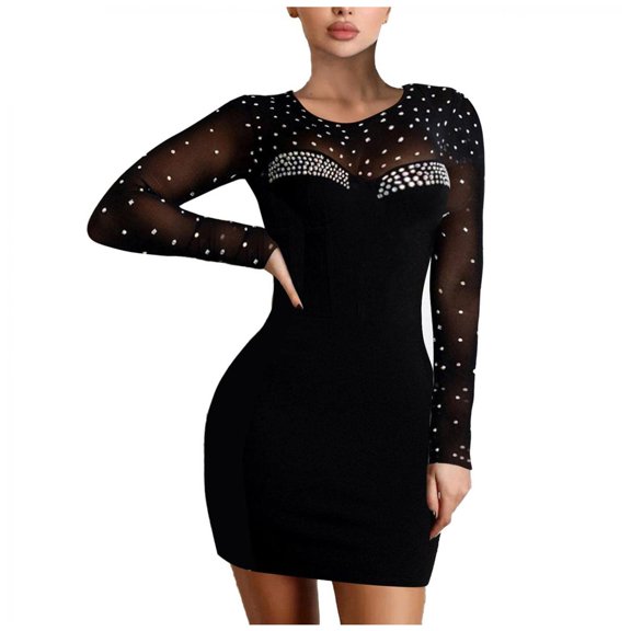 LYXSSBYX Womens Dresses Clearance under 10.00 Women's Fashion Sexy Round Neck Mesh Long Sleeve Solid Lace Mini Dress