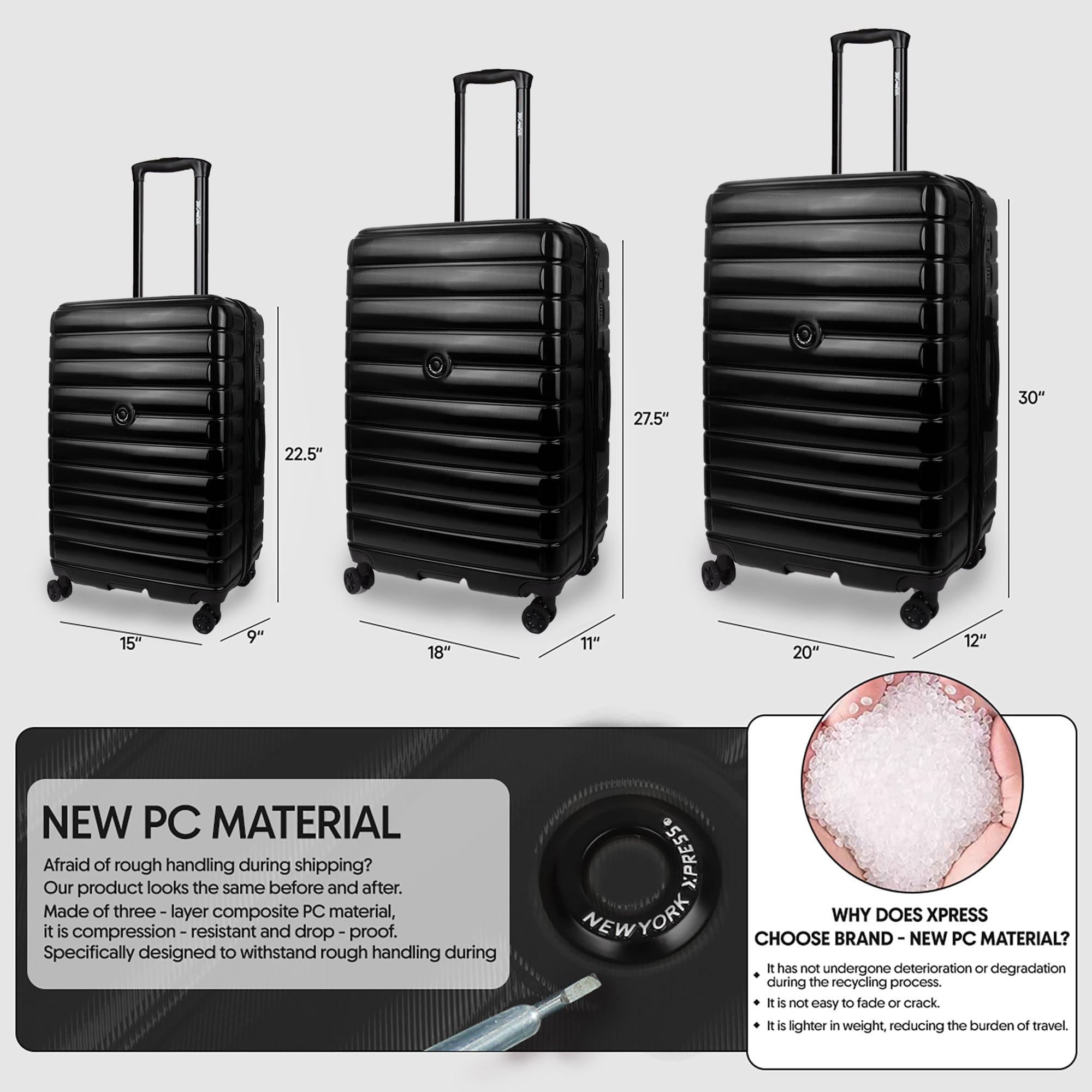 3 Piece Luggage Set PC Hard Shell Expandable Luggage with Spinner Wheels & TSA Lock,Lightweight Hardside Travel Suitcase 20"/25"/29", Black, LA13601