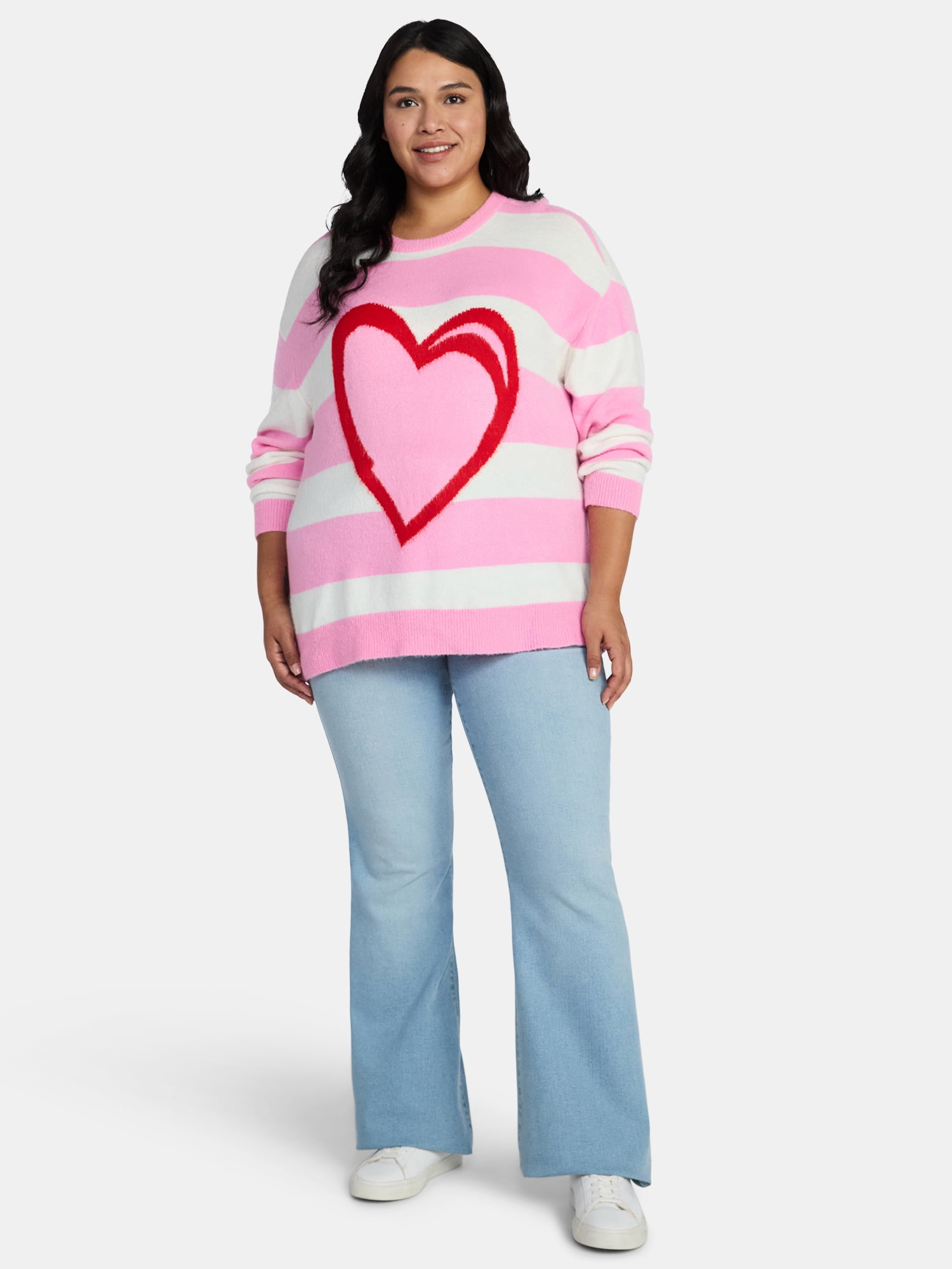 99 Jane Street Women's and Women's Plus Striped Sweater with Heart Design, Midweight, Sizes XS-4X