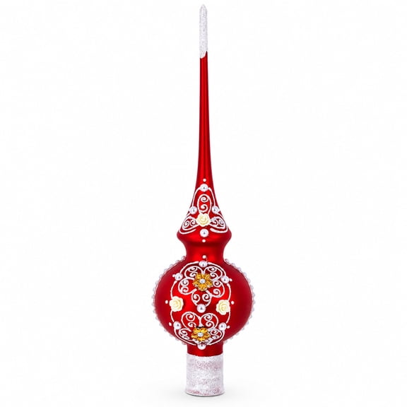 Dimensional Golden Flowers Silver Swirls Red Blown Glass Tree Topper