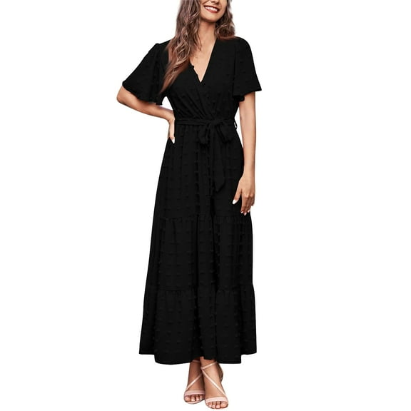 Wrap Dress For Women, Polka Dot Dress Smocked Casual V Neck Tunic Pleated Short Sleeve Beach Vacation Long Dress Formal With Changing Table Top Cotton Dresses Outfits Dresses (L, Black) ZMTing