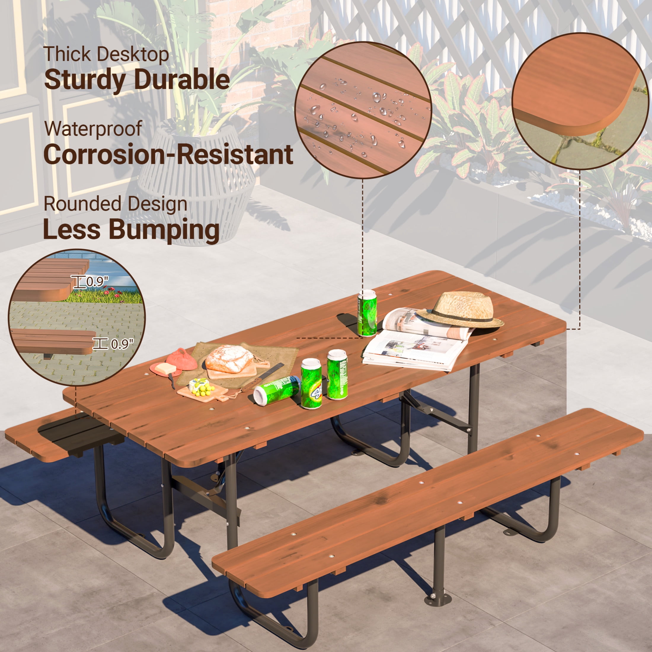 Noble House Alvion Rectangular Outdoor Picnic Set, Fir Wood Table with Built-in Benches and Umbrella Hole, Brown