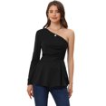 thumbnail image 1 of Blusa con Peplum Fruncido Manga Larga con Parte Superior de un Hombro para Mujer Negro M, 1 of 6