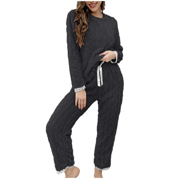 Inleife Sweatsuits for Women Plush Lounge Sets on Sale Fashion WWomen's Round-Neck Plush Elastic Waist Long Pants Drawstring Sets