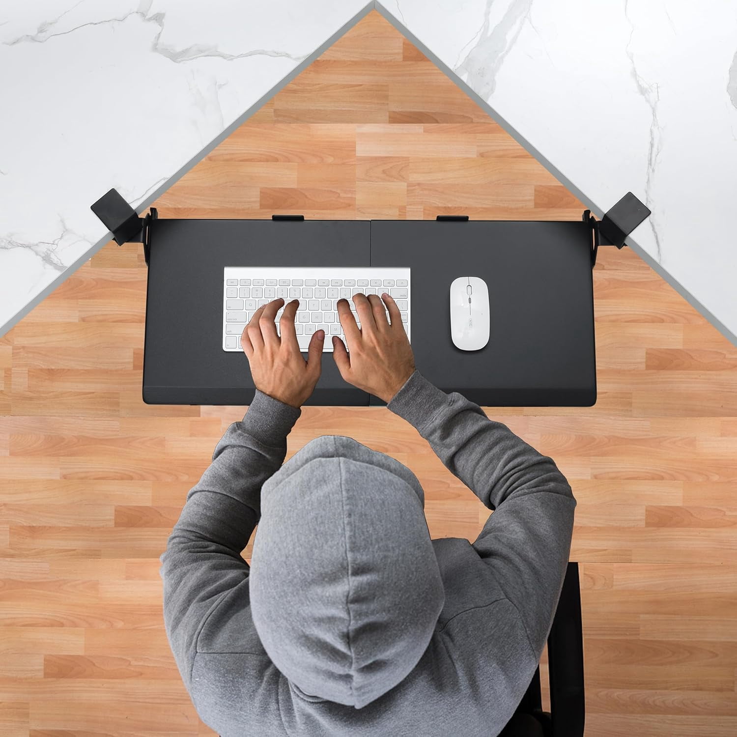 Ergonomic Corner Keyboard Tray Under Desk with 180 °   Adjustable C Clamp for L Shape Desk 26.77" X 12.2" Easy to Install Computer Keyboard Stand for Home and Office Black