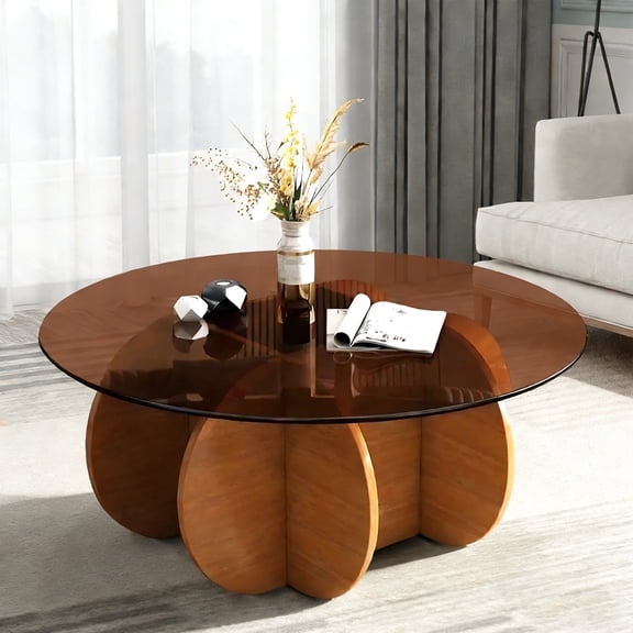 Glass Coffee Table, 31.5" Modern Round Glass Coffee Tables for Living Room with Solid Wood Legs Office Circle Center Table Tempered Glass Top for Small Space,Easy Assembly Brown