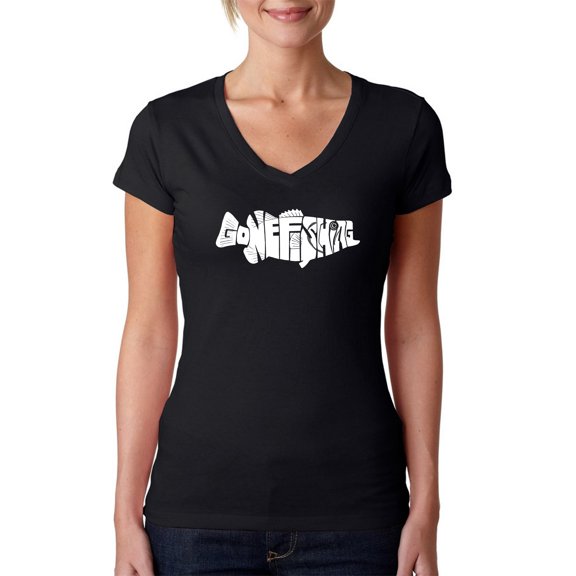 LA Pop Art Women's Word Art V-Neck T-Shirt - Bass - Gone Fishing