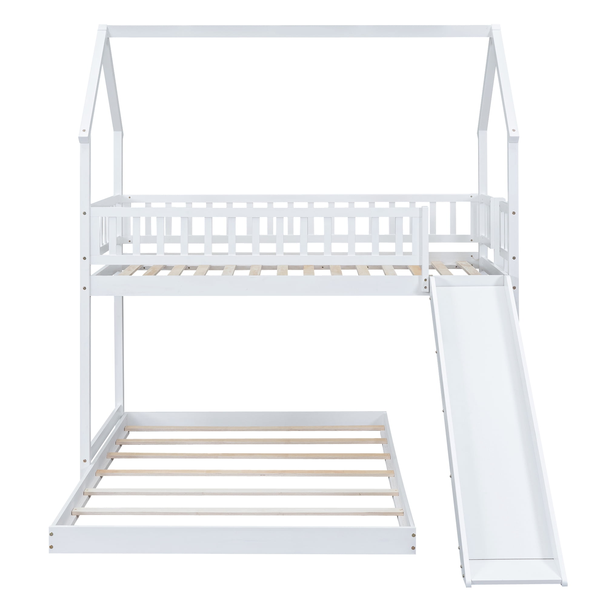 Twin Over Full House Bunk Beds with Slide, Kids Bunk Beds with House Shape Roof, Solid Wooden House Bunk Bed with Built-in Ladder, Full-Length Guardrail for Kids Teens Adults