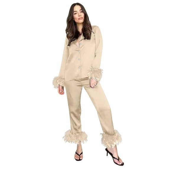 Christmas pajamas Christmas gift Women's Feather Trim Silk Satin Pajama Button Down Long Sleeve And Pants Set Sleepwear Loungewear